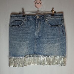 STUNNING Blue Denim Mini Skirt with Faux Diamond Fringe